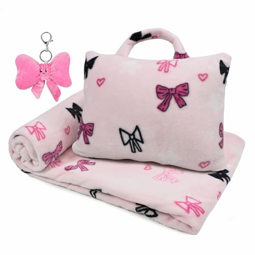 3-in-1 Kids Travel Blanket and Pillow Set, 40x60 Inch Pink Bow Blanket for Girls,Compact Set with Bow Keychain, Ideal Birthday Travel Essential - color: Pink Bow