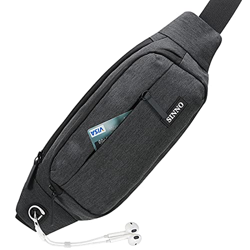 SINNO Large Crossbody Fanny Pack for Women Men Belt Bag With 4-Zipper Pockets for Travel Running Hiking Workout Dog Walking Outdoors Sport Fishing Waist Pack Bag Carrying All Phones - color: Dark Grey(4 Zipper Pockets)