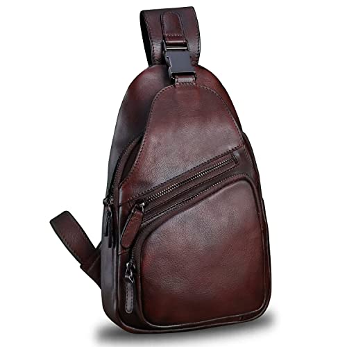 Genuine Leather Sling Bag Crossbody Purse Handmade Hiking Daypack Motorcycle Bag Retro Shoulder Backpack Vintage Chest Bag (Coffee) - color: Coffee