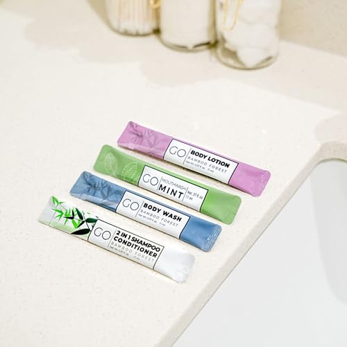 Go Essentials - Bundle Sets (Bamboo Forest and Refreshing Mint, 80 Packets Total (20 of Each)) Travel size mouthwash, shampoo/conditioner, body wash, body lotion.