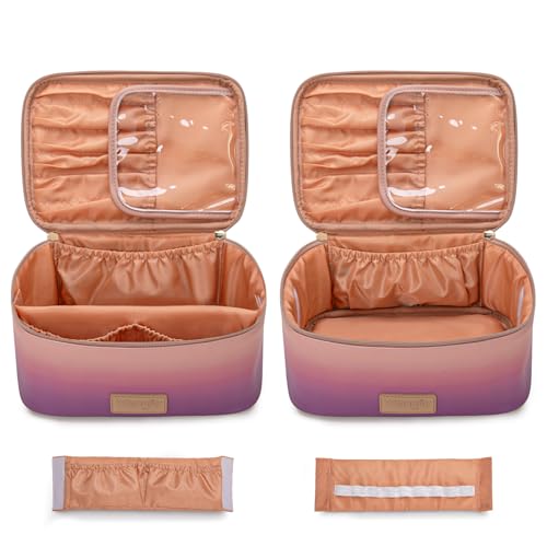 Montana West X Wrangler Travel Makeup Bag 2pcs Set Large Cosmetic Bag with Makeup Brush Holder Portable Make Up Organizer Cute Toiletry Bag with Divider and Handle for Women Gradient - color: Purple
