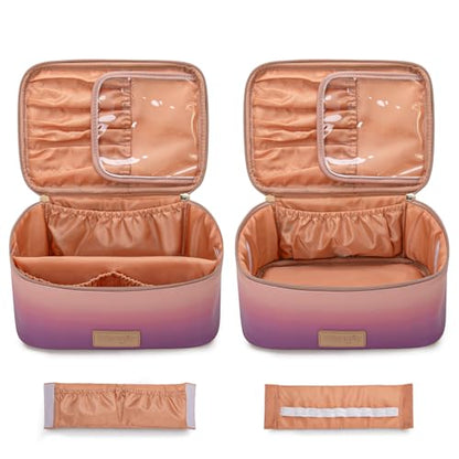 Montana West X Wrangler Travel Makeup Bag 2pcs Set Large Cosmetic Bag with Makeup Brush Holder Portable Make Up Organizer Cute Toiletry Bag with Divider and Handle for Women Gradient - color: Purple