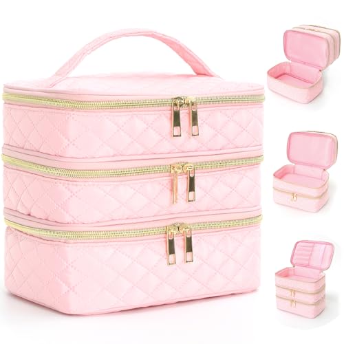 Travel Makeup Bag for Women Three Layer Large Cosmetic Case Water-resistant Toiletry Bag Organizer for Store Toiletries Cosmetic Accessories and Manicure Sets Pink - color: Pink