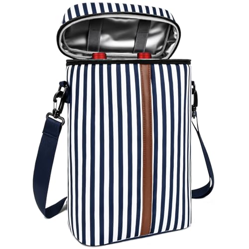 Insulated Wine Bag - Wine Bottle Carrier Tote Cooler Bags for Gifts Travel Picnic Beach, Blue and White Stripes - 2 Bottle - color: Blue and White Stripes, size: 2 Bottles
