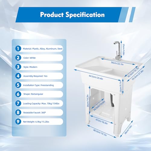 Freestanding Plastic Laundry Sink with Water Faucet, Indoor Outdoor Utility Sink with Washboard, Utility Sink Laundry Tub for Laundry Room/Garage/Garden (25.59x21.65x31.5 Inch) - color: White, 25.6 x 21.7 x 31.5in