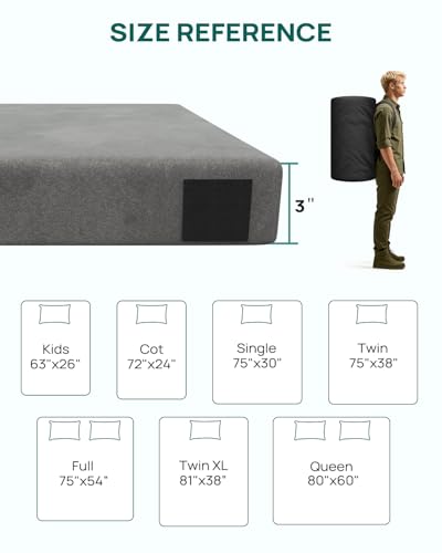 Releep 3 Inch Dual-Sided Memory Foam Camping Mattress, Waterproof Camping Sleeping Pad with Portable Pillow & Carry Bag, Roll Up Cot Mattress Mat for Guest Bed/Car/Tent - size: Twin: 75*38*3"