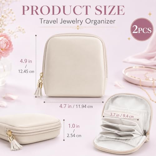 2 Pcs Travel Jewelry Case for Women - Small Jewelry Organizer Box with Velvet Lining, Portable PU Leather Jewelry Storage Case for Necklaces Earrings Rings Bracelets, Cream White