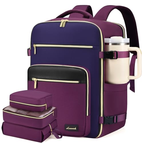 LOVEVOOK Travel Backpack For Women,40L Carry On Backpack Flight Approved,TSA Personal Item Travel Bag Fits 17 Inch Laptop,Business Weekender Overnight Daypack with Toiletry Bag and Cubes - color: Dark Purple and Blue and Black, size: 17.3 Inch-40L-4Pcs