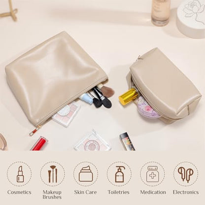 Kigeli 2 Pcs PU Leather Makeup Bag Set for Women Waterproof Aesthetic Cosmetic Bag Large & Small Travel Toiletry Organizer Pouch Skincare Organizer Bridesmaid Mother's Day Birthday Gift(Nude) - color: Nude