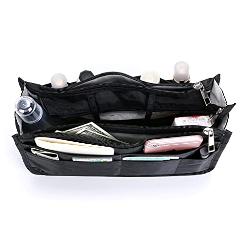 BTSKY Printing Handbag Organizers Inside Purse Insert - High Capacity 13 Pockets Bag Tote Organizer with Handle (Black) - color: Black
