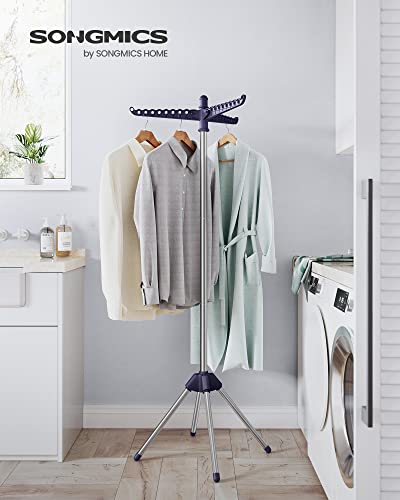 SONGMICS Clothes Drying Rack, 59-Inch Folding Laundry Drying Rack with 3 Rotatable Arms for Hangers, 4 Legs, Stainless Steel, for 27 Pieces of Clothes, Blue and Silver ULLR510Q01 - color: Blue + Silver, style: 1-Tier