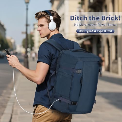 40L Travel Backpack, TSA Friendly Flight Approved Carry on Backpack for Men Women, Fits 17.3 Inch Laptop with USB-A&C Ports, Weekender Bag, Blue - color: Blue