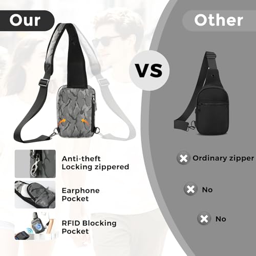VADOO Sling Bag, Crossbody Bag with Zipper Lock, RFID Blocking & Water Resistant for Men and Women - color: Camouflage Grey