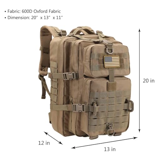 Hannibal Tactical MOLLE Assault Pack, Tactical Backpack Military Army Camping Rucksack, 3-Day Pack Trip w/USA Flag Patch, D-Rings, Coyote - color: Coyote
