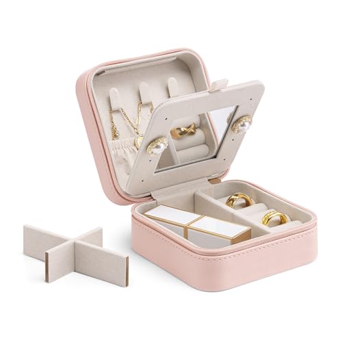 Vlando Small Travel Jewelry Box Organizer - Mirrored Jewelries Necklaces Rings Earrings Necklace Storage Case, Pink - color: a. Pink 2023