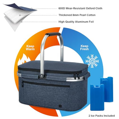 ALLCAMP Picnic Basket - 2 Ice Box Included 32L Insulated Cooler, Thickening Foldable Picnic Basket with Removable Baskets & Sewn-in Frame, Basket for House Warming Gifts New Home(Blue) - color: Blue, size: Large