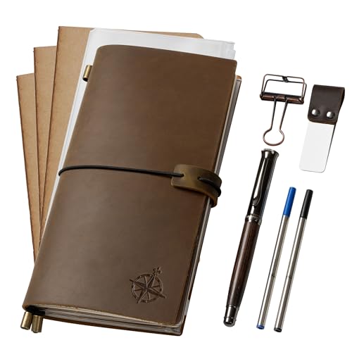 WANDERINGS Regular Size Travelers Notebook Bundle – 4.5" x 8.5" (11.5 x 22cm) – Genuine Leather Journal with Pen Holder, Pen, 2 Ink Refills, PVC Folder & Binder Clip - size: Standard