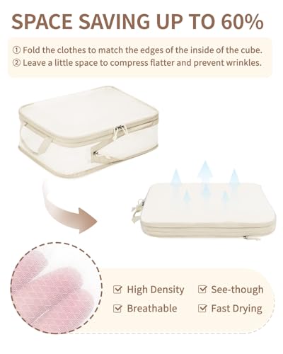 ECOHUB 6 Set Compression Packing Cubes, Lightweight Beach Vacation Travel Essentials Durable Travel Accessories for Suitcase Carry On Luggage Organizer Bags with YKK Zippers Shoe Bag, Beige - color: Beige