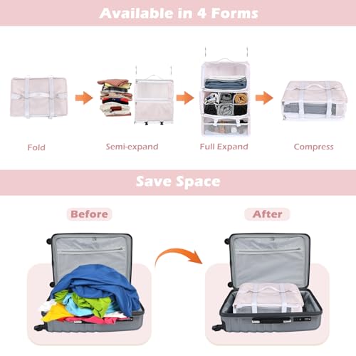 Surblue Hanging Shelves Travel Storage Bag Compression Packing Cube for Suitcase Portable Closet Organizer Collapsible with Extension Layer Large Capacity,Pink,XXL - color: A-Pink, size: XXL 15.7*11.8*23.6in