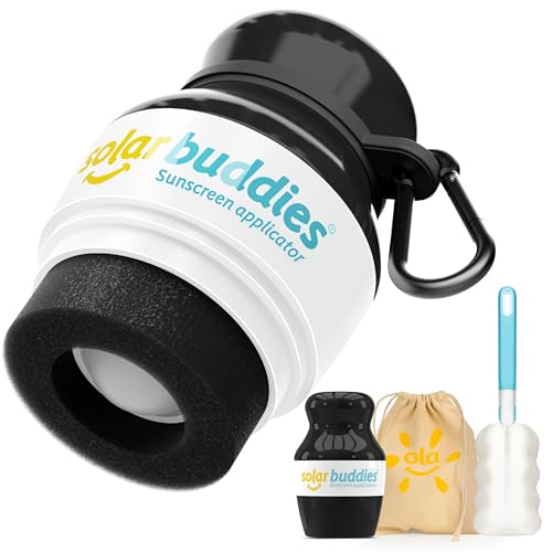 Solar Buddies Grab & Go Travel Bundle, Carabina Clip & Cleaning Brush - Single Full Black - Refillable Roll on Sponge Sunscreen, Suncream & Lotion Applicator For Kids, Adults & Families - Holds 100ml - color: Black Single