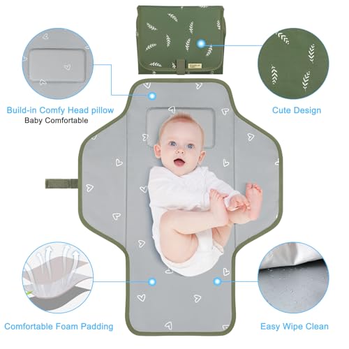 Baby Portable Changing Pad Travel - Waterproof Compact Diaper Changing Mat with Built-in Pillow - Lightweight & Foldable Baby Diaper Changer, Newborn Shower Gifts - color: Sage Green