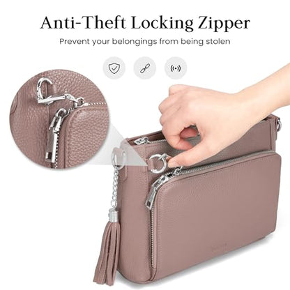 befen Anti Theft Genuine Leather Crossbody Bags for Women Handbags and Shoulder Basg with Built in Wallet RFID Leather Purse - color: Pink