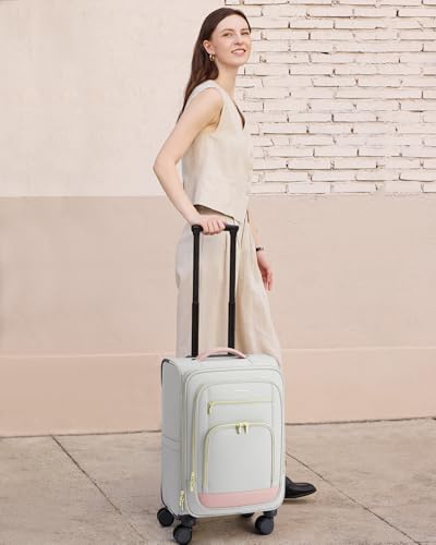 LOVEVOOK Carry on Luggage 22x14x9 Airline Approved with Garment Bag & Spinner Wheels, 22 Inch Large Rolling Suitcase with TSA Lock, Softside Lightweight Underseat Carryon Luggage for Women Travel, 49L - color: Light gray-pink, size: 22 Inch With Garment C