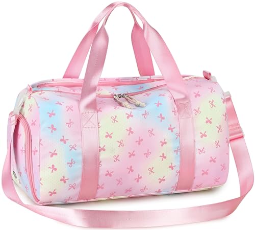 Gym Bag Sports Duffle Bag with Wet Pocket Weekender Overnight Bags with Waterproof Shoe Pouch and Air Hole for Girls Kids Women Workout Travel Bags (Bow Rainbow) - color: Bow Rainbow