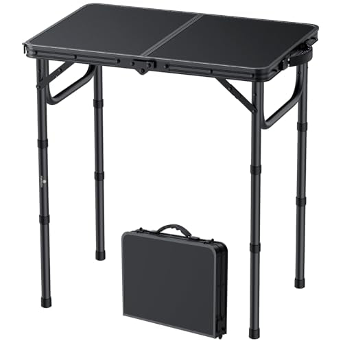 FUNYKICH 2ft Small Foldable Camping Table(22.8'' Lx15.7'' W), 3 Height Adjustable Portable Folding Table, Lightweight Aluminum Outdoor Table with Carry Handle for Camping, Beach, Picnic, Black - size: 22.8''x 15.7''x26.4''(Black)