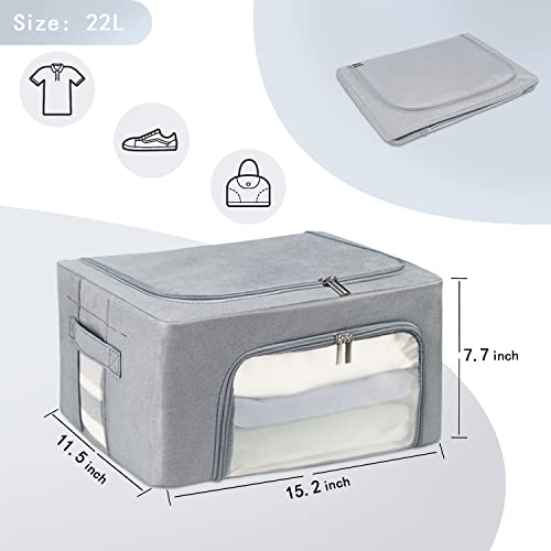 Clothes Storage Box Bins Stackable Foldable Organizer,Sturdy Handles with Metal Frame for Clothing Bedding Shelves,Closet Container with Clear Window Zipper and Label Holder (Gray, 22L x3 Pack) - color: Gray, 22L x3 Pack