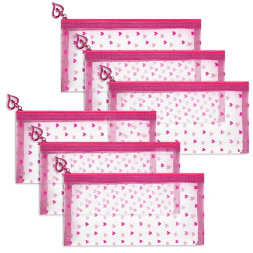 6 Pack Mini Zipper Mesh Makeup Bags, Heart Print Nylon Cosmetic Bags Toiletry Bags for Office Travel Organization (Hot Pink, M) - color: Hot Pink, size: M