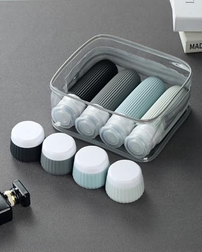 Mrsdry Travel Bottles - 8 Pack, TSA Approved Travel Size Toiletries, Leak Proof Silicone Squeezable Containers in Clear Bag - color: Black Gray, size: Bottle 3oz Jars 1oz