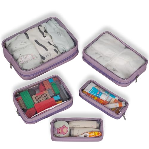 Remobia Hicol TSA Approved 5-Piece Diaper Bag Organizer Pouch Set Clear Waterproof TPU Kids Toiletry Storage Set Travel Packing Clutch Cube Bags for Baby Nursing (Purple) - color: Purple Leather