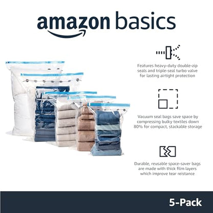 Amazon Basics Vacuum Storage Bags, Compression Space Saving for Clothes and Linens, Reusable with Hand Pump, Large, Clear, 5-Pack - size: Large