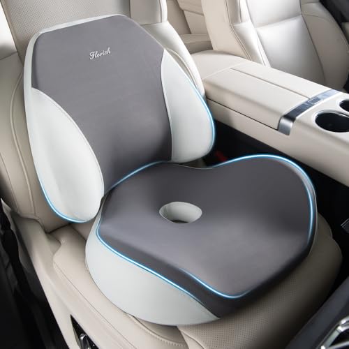 FLORICH Lumbar Support Pillow and Car Seat Cushion for Driving Car Office Chair, Memory Foam Back Support Pillow and Office Seat Chair Cushion for Sciatica Pain Relief - Gray - color: B-cushion&lumbar Pillow-gray