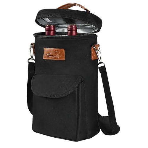 Tirrinia 2 Bottle Wine Gift Tote Carrier - Leakproof & Insulated with Large Pockets Wine Cooler Bag for Travel, Tasting, Party, Dinner - color: Black, size: 2 Bottle-with front pocket