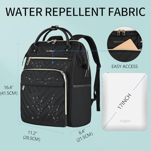 VANKEAN 15.6 Inch Laptop Backpack for Women Fashion Computer Work Bag, Large Capacity Waterproof Backpack, College Daypack Business Travel, Black - color: Quilted Black, size: 15.6 Inch