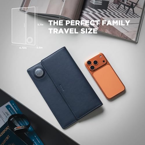 VULKIT Family Passport Holder for 4 Leather Passport Wallet with Airtag Slot Multiple Passport Holder RFID Blocking Bifold Travel Documents Organizer - color: Navy