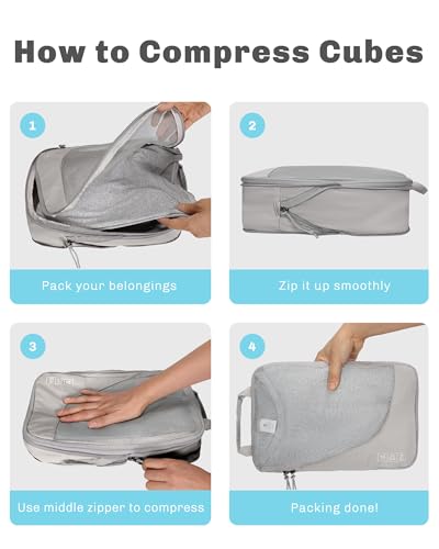 Hynes Eagle 6 Set/ 4 Set/ 2 Set Compression Packing Cubes Travel Essentials Lightweight Nylon Luggage Suitcase Organizer Bag Light Grey 6PCS - color: Light Grey-6 PCS