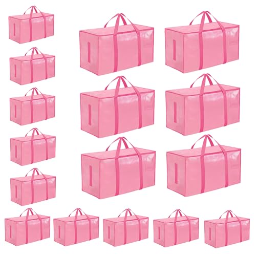 16 Pack-Extra Large Heavy Duty Moving Bags - Waterproof Storage Totes with Handles & Zippers, Foldable for College Dorm, Storage (Pink) - color: Pink, size: 16