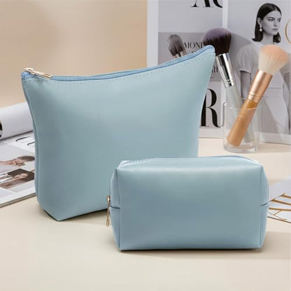 Kigeli 2 Pcs PU Leather Makeup Bag Set for Women Waterproof Aesthetic Cosmetic Bag Large & Small Travel Toiletry Organizer Pouch Skincare Organizer Bridesmaid Mother's Day Birthday Gift(Blue) - color: Blue