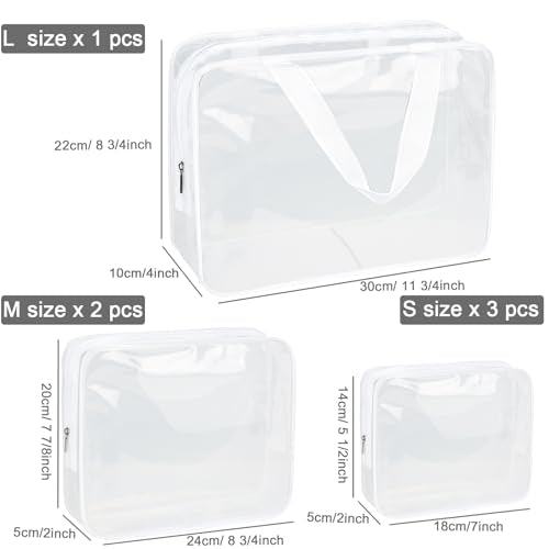 APREUTY Clear Makeup Bags, TSA Approved 6 Pcs Cosmetic Makeup Bags Set Clear PVC with Zipper Handle Portable Travel Luggage Pouch Airport Airline Vacation Organization (Bright White) - color: Bright White-6PCS (Large+Medium+Small)
