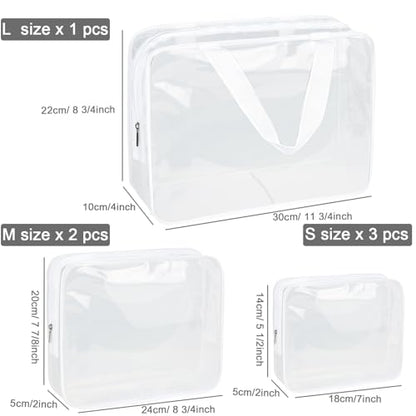 APREUTY Clear Makeup Bags, TSA Approved 6 Pcs Cosmetic Makeup Bags Set Clear PVC with Zipper Handle Portable Travel Luggage Pouch Airport Airline Vacation Organization (Bright White) - color: Bright White-6PCS (Large+Medium+Small)