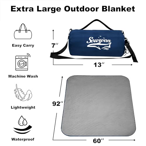 Waterproof Outdoor Blanket 92”X 60” Packable, Stadium Blankets for Camping with Quilted Fleece Lining, Large Windproof Emergency Throw Mat for Garss Picnic Hiking Road Trip, Machine Washable, Navy - color: Fleece Navy-300 Gsm, size: 92"x 60"