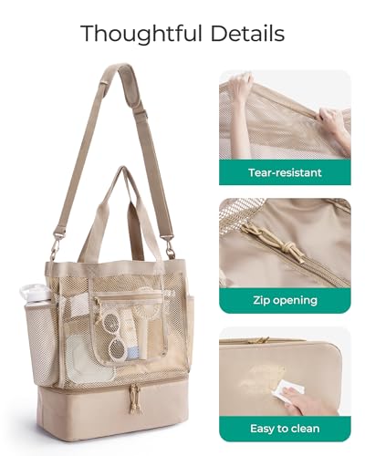 BAGSMART Beach Bag for Women, Mesh Tote Bags with Zipper, Sandproof Vacation Essentials with Cooler for Swim Cruise Pool - color: Navy
