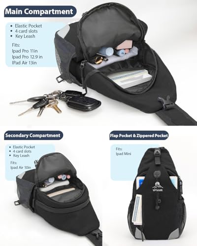 Sling Backpack for Women & Men, Crossbody Travel Bag with Water Bottle Holders, 17 Pockets, Quick-Access Phone Pocket, Hidden Security Pocket, Fits 11" Tablet, for Daily Carry, Travel, Theme Parks - color: A-black
