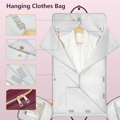 Garment Bags for Travel, Convertible Suit Travel Bag for Women, Cute Carry On Garment Bag w/Shoes Pouch, 2 in 1 Foldable PU Leather Hanging Duffle Bag, Single-Zipper Design, Sangria - color: Red