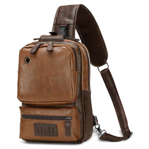 Vintage PU Leather Sling Backpack for Men, Crossbody Bag, Adjustable Shoulder Strap (Light Brown) - color: Light Brown 2