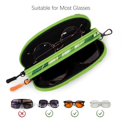 Double Eyeglasses Case Soft Portable Zipper Sunglasses Pouch with Keychain Clip for Men Women - color: Green Wave