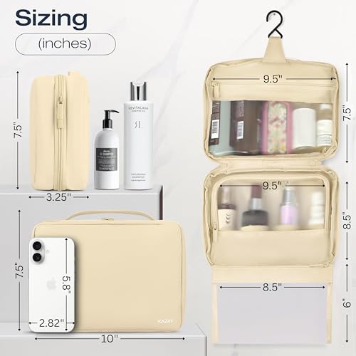 KAZAY Hanging Toiletry Bag with TSA Approved Detachable Pouch, Compact Travel Size, Travel Toiletry Bag, Water Resistant, Premium Nylon, Travel Size Toiletries, Cosmetic Makeup Bag, Unisex (Beige) - color: Beige